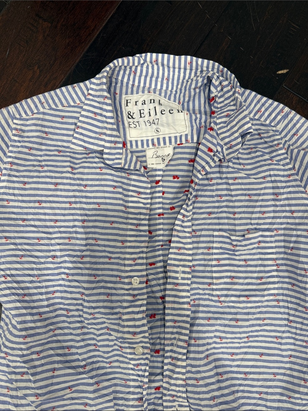 Frank & Eileen Blue and White Striped Button-Down Shirt with Red Anchor Motif